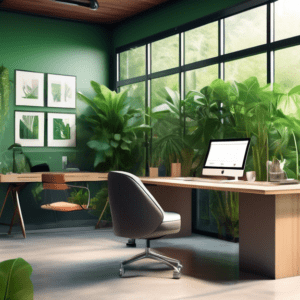 A modern home office inside a converted garage with glass walls, natural light pouring in, surrounded by lush green plants, with a sleek desk and ergonomic chair.