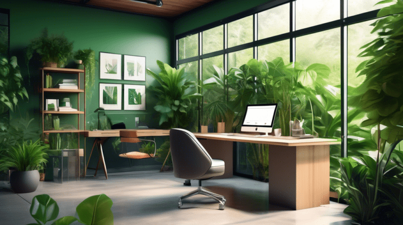 A modern home office inside a converted garage with glass walls, natural light pouring in, surrounded by lush green plants, with a sleek desk and ergonomic chair.