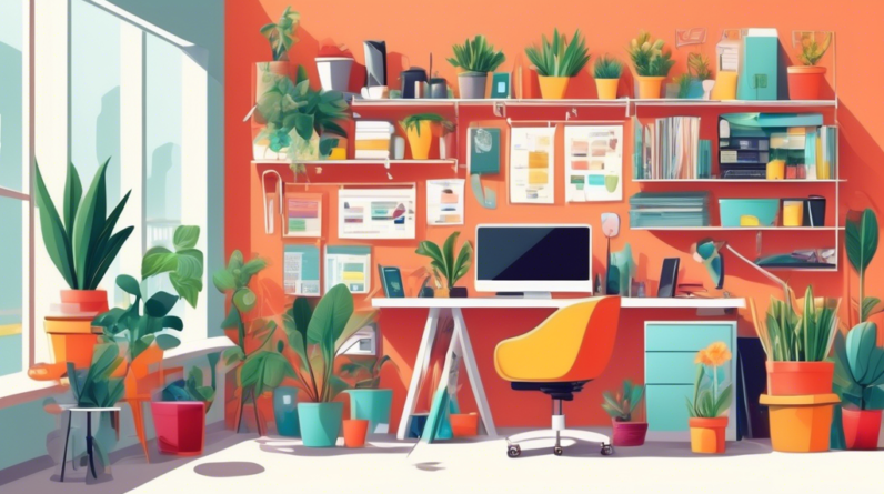 A cluttered garage being transformed into a bright, organized home office with a desk, computer, plants, and tools neatly stored on the wall.