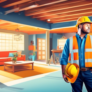 A construction worker standing in a garage, holding blueprints, with a luxurious living room superimposed over the existing garage space.