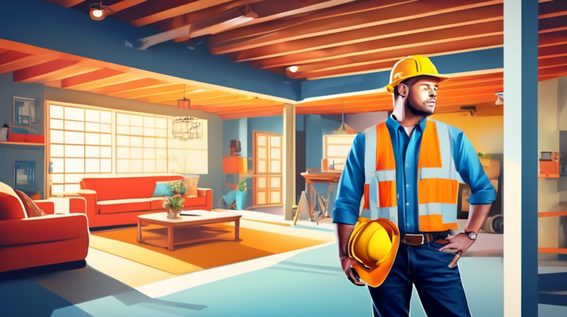 A construction worker standing in a garage, holding blueprints, with a luxurious living room superimposed over the existing garage space.