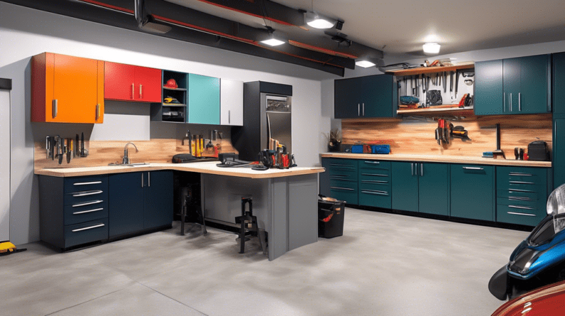 A modern and luxurious garage transformation before and after, with high-end finishes and tools.