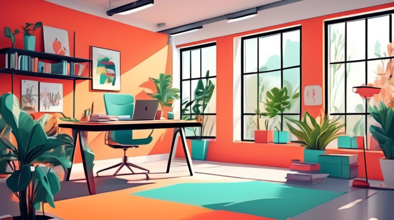 A bright, modern home office in a converted garage, large windows, desk with computer, comfortable chair, plants, stylish lamp.