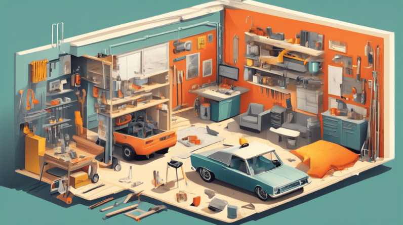 A cutaway illustration of a garage being converted into a living space, with construction tools and furniture scattered around, and a detailed breakdown of costs.