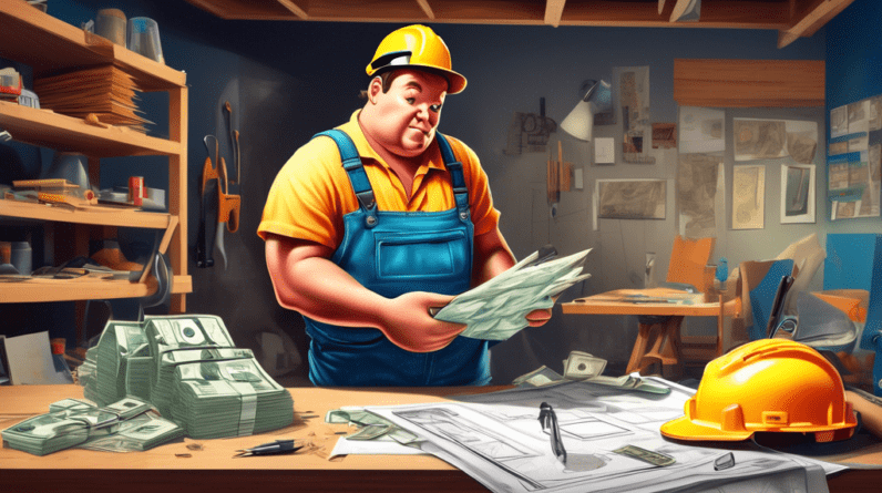 A construction worker reviewing blueprints in a garage being converted into a living space, with a piggy bank filled with money sitting on a toolbox in the foreground.