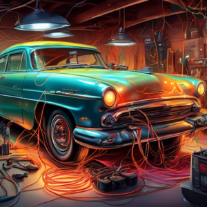 A classic car inside a garage, being worked on by mechanics, with glowing wires and electrical components replacing the engine, set in Cape Girardeau.