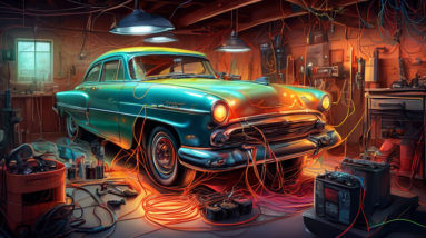 A classic car inside a garage, being worked on by mechanics, with glowing wires and electrical components replacing the engine, set in Cape Girardeau.