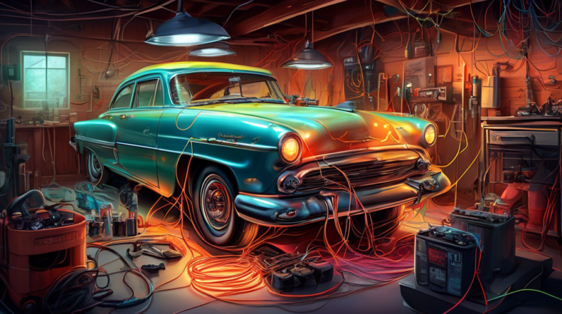 A classic car inside a garage, being worked on by mechanics, with glowing wires and electrical components replacing the engine, set in Cape Girardeau.