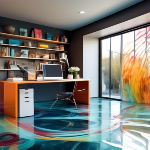 A stylish home office built inside a garage, with glass walls, natural light, and a unique floor made of epoxy resin with a metallic swirl design.