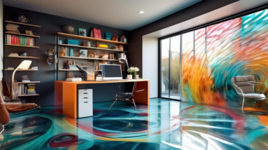 A stylish home office built inside a garage, with glass walls, natural light, and a unique floor made of epoxy resin with a metallic swirl design.