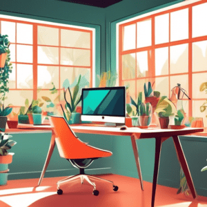 A stylish and ergonomic home office in a brightly lit garage, with modern desk, comfortable chair, plants, and large window overlooking a garden.