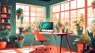 A stylish and ergonomic home office in a brightly lit garage, with modern desk, comfortable chair, plants, and large window overlooking a garden.