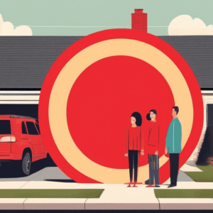 A detached garage with an overlay of a large red circle with a line through it, in a suburban neighborhood with a disappointed-looking family standing in front.