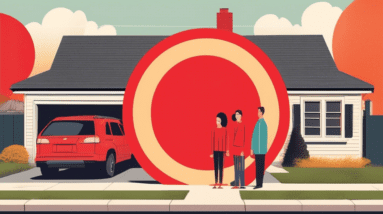 A detached garage with an overlay of a large red circle with a line through it, in a suburban neighborhood with a disappointed-looking family standing in front.