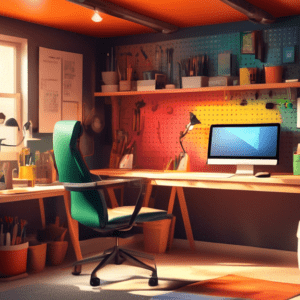 A cozy and well-lit home office inside a converted garage with a laptop on a desk, tools neatly organized on a pegboard wall, and sunlight streaming through a window.