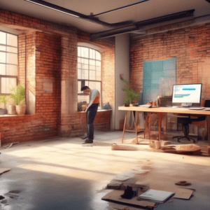 A contractor reviewing blueprints in a garage being converted into a stylish studio apartment, with exposed brick and natural light.