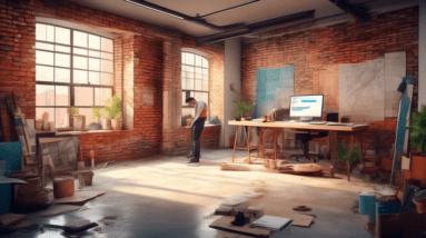 A contractor reviewing blueprints in a garage being converted into a stylish studio apartment, with exposed brick and natural light.