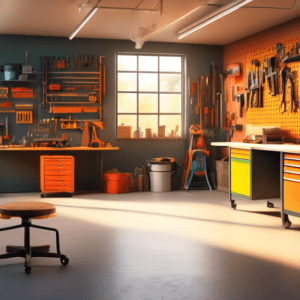 A well-lit and organized garage workspace with pegboards, tool chests, and a workbench bathed in warm sunlight.