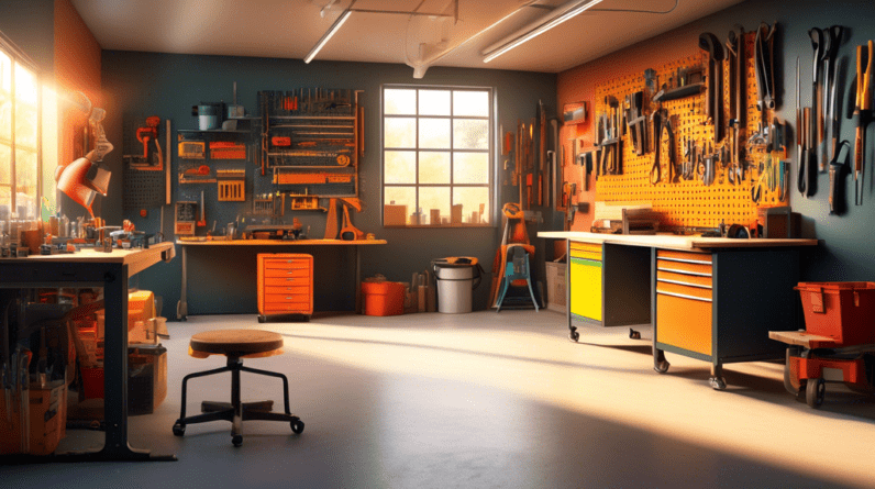 A well-lit and organized garage workspace with pegboards, tool chests, and a workbench bathed in warm sunlight.