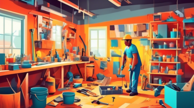 A construction worker converting a cluttered garage into a bright living space, with tools and building materials visible.