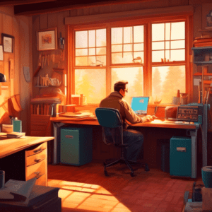 A cozy, sunlit garage office interior with a vintage wood stove radiating warmth and a person working comfortably at a desk.