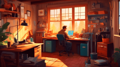 A cozy, sunlit garage office interior with a vintage wood stove radiating warmth and a person working comfortably at a desk.