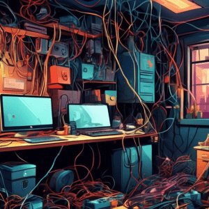 A tangled mess of electrical wires plugged into overloaded power strips illuminates a dark and cluttered garage office.