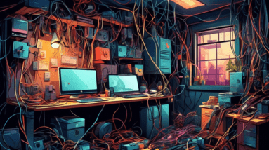 A tangled mess of electrical wires plugged into overloaded power strips illuminates a dark and cluttered garage office.