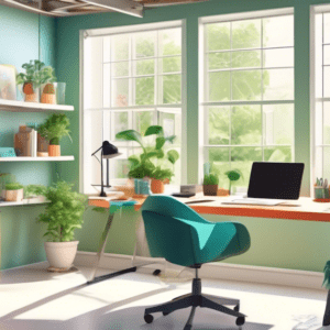 A bright and airy home office in a converted garage, with large windows, open doors showing greenery, and a sleek desk setup.