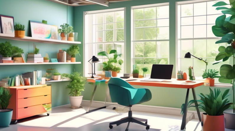 A bright and airy home office in a converted garage, with large windows, open doors showing greenery, and a sleek desk setup.