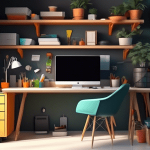 A stylish garage office with tools on the wall transitioning into a desk setup with a computer, brightly lit with natural light.