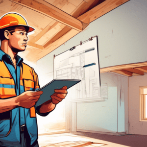 A contractor pointing to a detailed cost breakdown on a clipboard, standing in a garage mid-conversion with exposed beams and drywall.