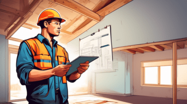 A contractor pointing to a detailed cost breakdown on a clipboard, standing in a garage mid-conversion with exposed beams and drywall.