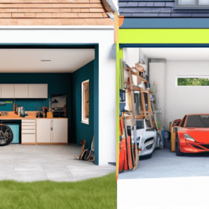 A split screen image, one side showing a DIY garage conversion cluttered with tools and unfinished construction, the other side showing a sleek, finished garage conversion done by professionals.