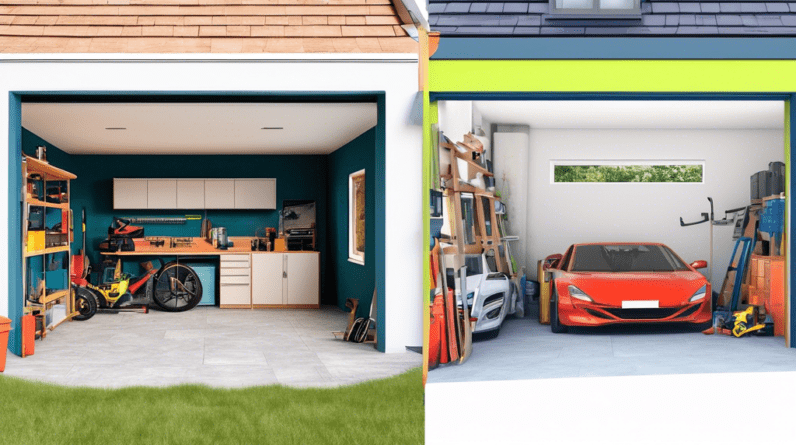 A split screen image, one side showing a DIY garage conversion cluttered with tools and unfinished construction, the other side showing a sleek, finished garage conversion done by professionals.