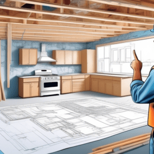 A contractor pointing at a detailed blueprint plan overlaying a messy garage being converted into a living space, with visible insulation and drywall.