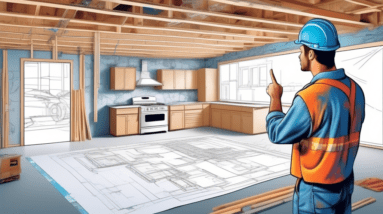 A contractor pointing at a detailed blueprint plan overlaying a messy garage being converted into a living space, with visible insulation and drywall.