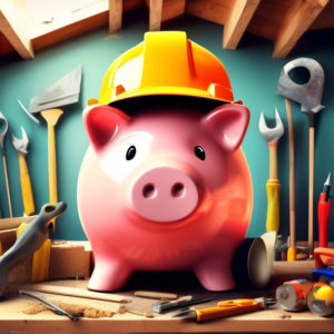 A piggy bank wearing a construction hat sitting inside a garage being converted into a living space, surrounded by tools and building materials.