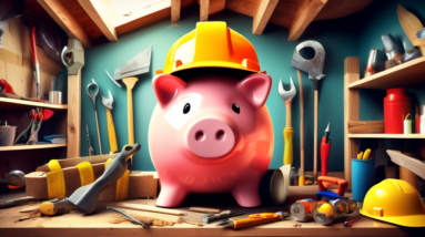 A piggy bank wearing a construction hat sitting inside a garage being converted into a living space, surrounded by tools and building materials.