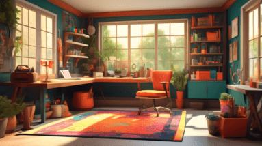 A cozy and personalized garage office with tools on the wall, a vintage rug, and a large window overlooking a garden.