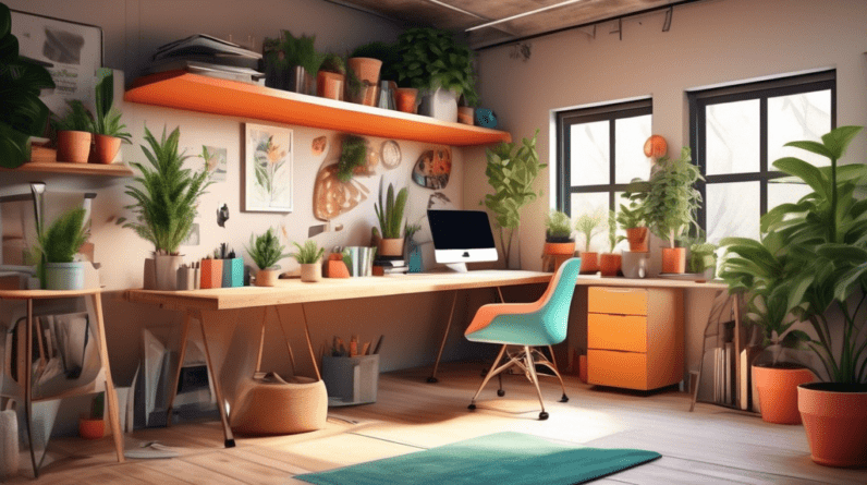 A stylish and functional home office inside a converted garage, filled with natural light, plants, and a comfortable desk setup.