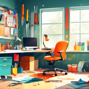 A messy garage being transformed into a bright, organized office with tools neatly arranged on a pegboard transitioning into stylish office supplies, flooded with natural light from a large window.