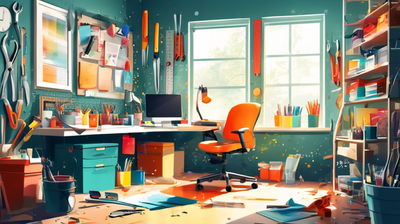 A messy garage being transformed into a bright, organized office with tools neatly arranged on a pegboard transitioning into stylish office supplies, flooded with natural light from a large window.