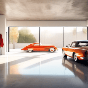 A modern, spacious garage with sleek white cabinets, polished concrete floors, and a classic car parked inside, bathed in warm sunlight streaming through a large window.