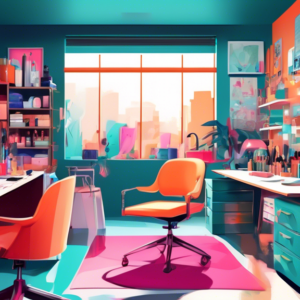 A cluttered garage transforming into a split space, one side a bright, modern office with a desk and computer, the other a luxurious beauty room with a vanity mirror and makeup brushes, separated by a