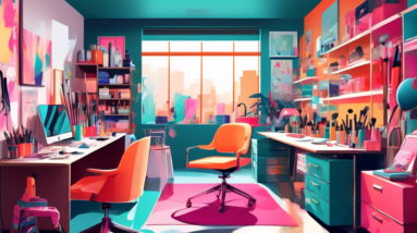 A cluttered garage transforming into a split space, one side a bright, modern office with a desk and computer, the other a luxurious beauty room with a vanity mirror and makeup brushes, separated by a