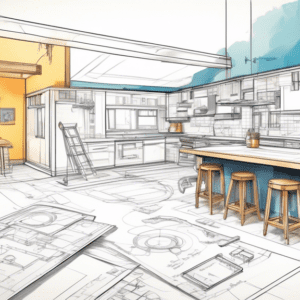 A craftsman's hand sketching architectural plans for a garage conversion into a modern ADU, with construction tools and warm interior design elements surrounding the blueprint.