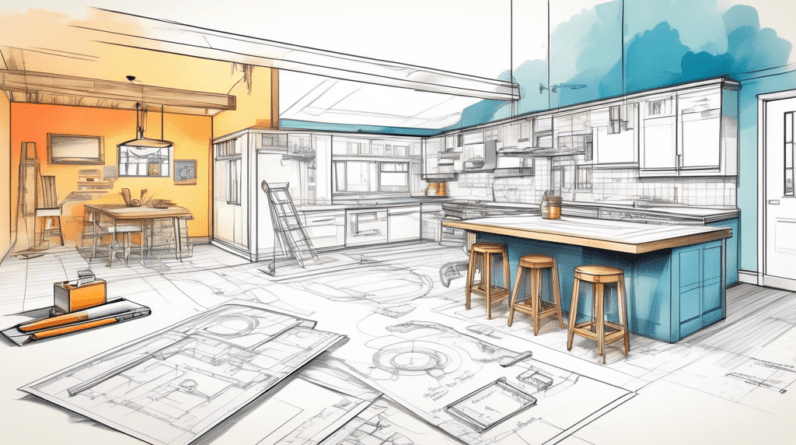 A craftsman's hand sketching architectural plans for a garage conversion into a modern ADU, with construction tools and warm interior design elements surrounding the blueprint.