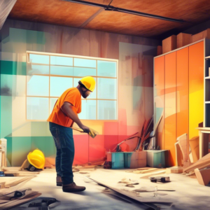 A construction worker converting a cluttered garage into a stylish, modern apartment, with a transparent cost breakdown overlay.