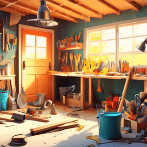 A construction crew renovating a cluttered garage into a charming guest house, with tools and building materials scattered around and sunlight streaming through a new window.